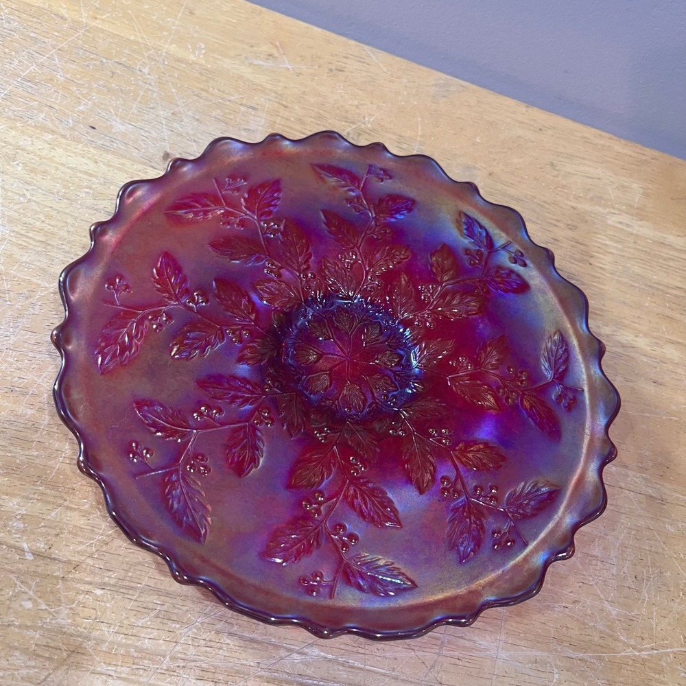 Fenton Ruby Red Carnival Glass Holly Berry 85th Birthday Plate Vtg 2000 #4079